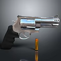 Silver Metallic Revolver With Black Grip And Orange Bullet On Dark Background