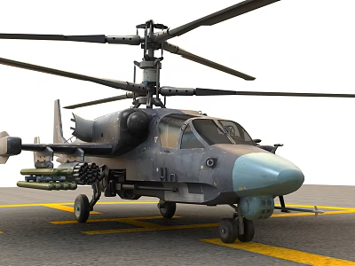 Armed Military Helicopter With Weapon Mounts Blue Nose Parked On Ground 3d model