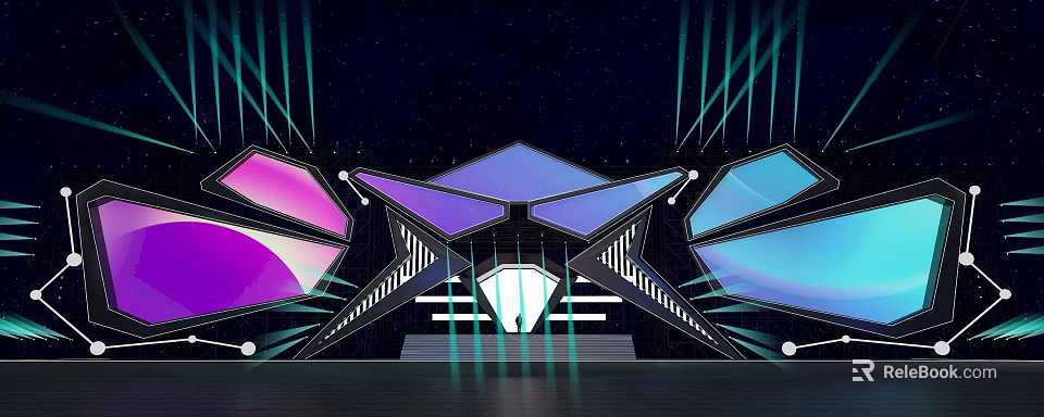 Modern Stage Design With Geometric Shapes Neon Lights And Colorful Panels 3d model 