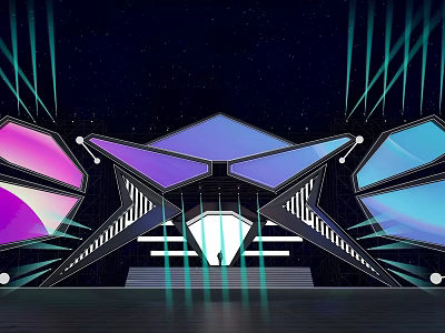 Modern Stage Design With Geometric Shapes Neon Lights And Colorful Panels 3d model