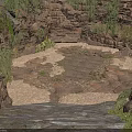 Natural Rocky Canyon Scene With Stone Steps Gravel Ground And Green Vines