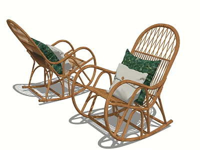 Wicker Leisure Rocking Chairs With Green And White Cushions For Comfortable Seating 3d model
