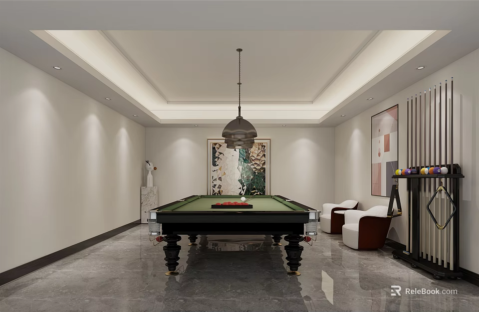 Modern Stylish Billiard Room Interior With Green Pool Table And Pendant Lighting 3d model 