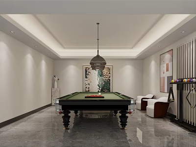 Modern Stylish Billiard Room Interior With Green Pool Table And Pendant Lighting 3d model