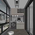 Modern Home Balcony Interior With Large Windows City View Washing Machine And Cabinetry