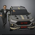 Gray SUV with Yellow Stripe and GTMD Logo Standing Next to Man in Suit