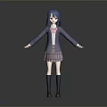 Anime Game Movie Character With Blue Hair Purple Coat Pink Bow Tie And Plaid Skirt