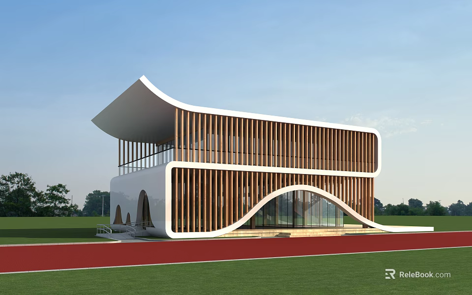 Modern Pavilion With Wooden Stripes White Structure Large Windows Grass Field And Red Running Track 3d model 