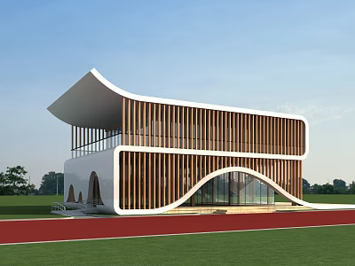 Modern Pavilion With Wooden Stripes White Structure Large Windows Grass Field And Red Running Track 3d model