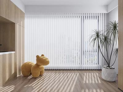 Cozy Home Balcony With Wooden Elements White Blinds Green Plant Plush Toy And Sunlight Shadows 3d model