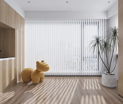 Cozy Home Balcony With Wooden Elements White Blinds Green Plant Plush Toy And Sunlight Shadows 3d model