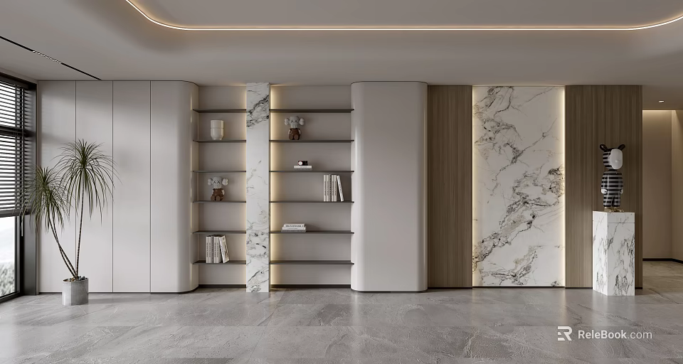 Modern Sofa Background Wall Interior Design with Marble Texture Wooden Elements and Shelves 3d model 