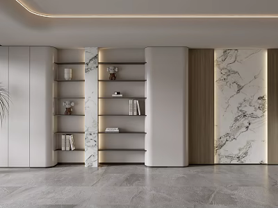 Modern Sofa Background Wall Interior Design with Marble Texture Wooden Elements and Shelves 3d model