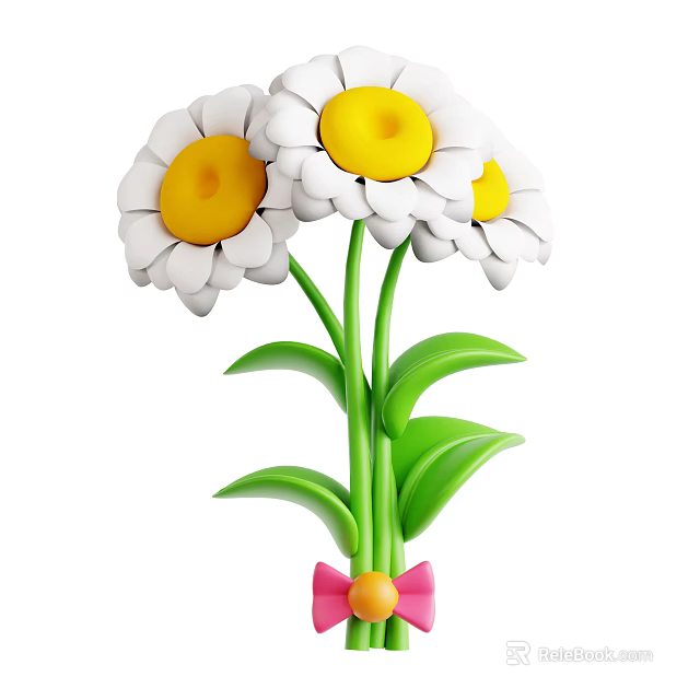 Cute White Daisies With Yellow Centers Green Stems Leaves Pink Bow And Yellow Ball 3d model 
