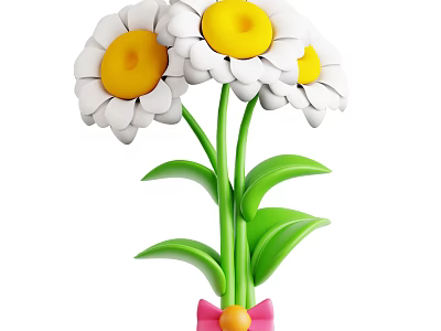 Cute White Daisies With Yellow Centers Green Stems Leaves Pink Bow And Yellow Ball 3d model
