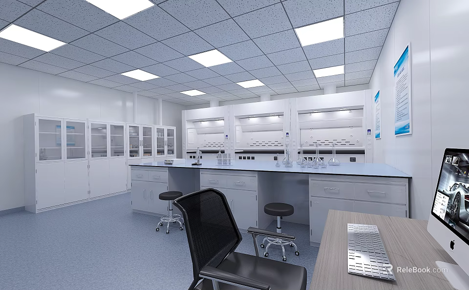 Modern Laboratory Interior Featuring Lab Benches Cabinets Bright Lighting And Blue Charts 3d model 