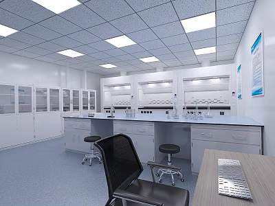 Modern Laboratory Interior Featuring Lab Benches Cabinets Bright Lighting And Blue Charts 3d model