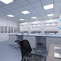 Modern Laboratory Interior Featuring Lab Benches Cabinets Bright Lighting And Blue Charts