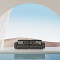 Black Sofa With Cushions On Platform Featuring Arched Window White Curtains Blue Sky Desert Landscape