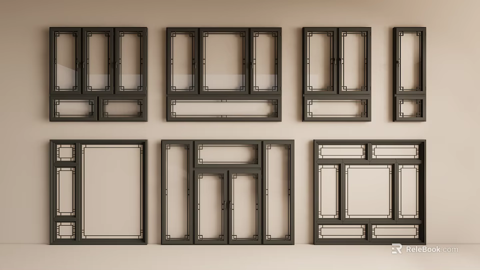 Modern Casement Windows With Various Designs Black Frames And Glass Panels 3d model