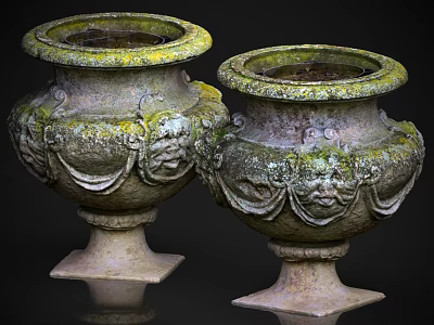Garden Landscape Decorative Stone Urns With Carved Faces And Mossy Surface 3d model