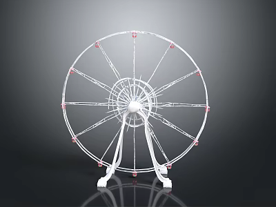 White Ferris Wheel Structure With Pink Accents And Reflective Base On Dark Background 3d model