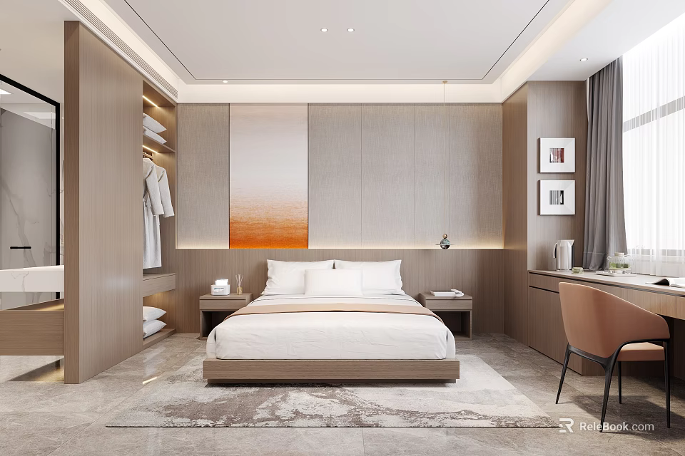 Modern Hotel Guest Room Interior With Comfortable Bed Artwork Bedside Tables And Writing Desk 3d model 