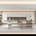 Modern Teahouse Interior With Long Table Stools Benches And Illuminated Shelves 3d model
