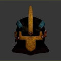 Medieval Style Helmet With Orange Teal Red Accents And Rustic Metallic Design Elements 3d model