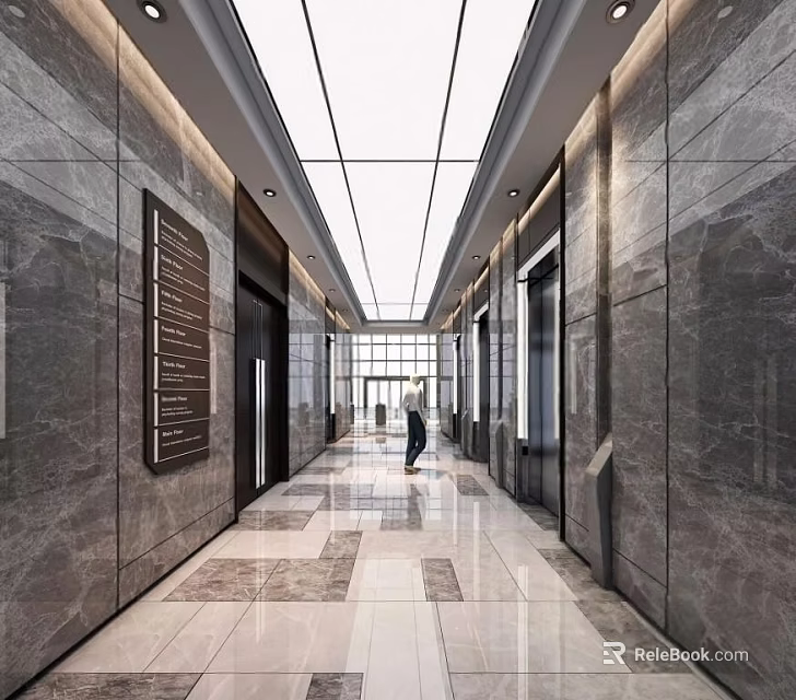 Modern Spacious Elevator Hallway With Marble Walls Glass Ceiling And Patterned Tile Flooring 3d model