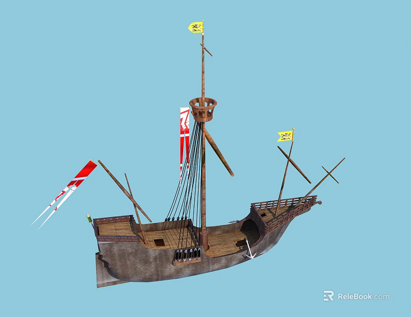 Classic Wooden Ship With Brown Hull Multiple Masts Rigging And Yellow Flags 3d model 