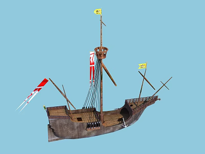 Classic Wooden Ship With Brown Hull Multiple Masts Rigging And Yellow Flags 3d model