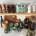 Stylish Kitchen Utensils Display On Wooden Shelf With Cutting Board Green Mugs Glassware And Jars