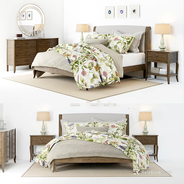 Double Bed with Floral Bedspread Pillows Bedside Tables Lamps Dresser and Rug 3d model 