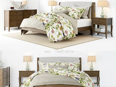 Double Bed with Floral Bedspread Pillows Bedside Tables Lamps Dresser and Rug 3d model