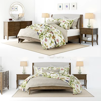 Double Bed with Floral Bedspread Pillows Bedside Tables Lamps Dresser and Rug 3d model