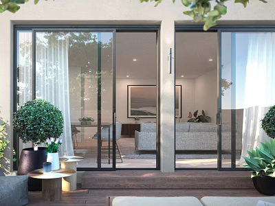 Modern Garden Landscape Design With Glass Doors Potted Plants And Outdoor Furniture 3d model