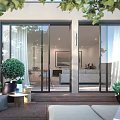 Modern Garden Landscape Design With Glass Doors Potted Plants And Outdoor Furniture
