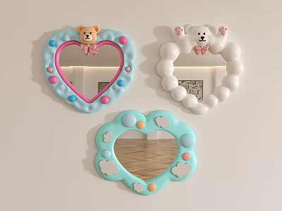 Cute Kids Mirrors With Heart Cloud Shapes Teddy Bear Decor And Colorful Balls 3d model