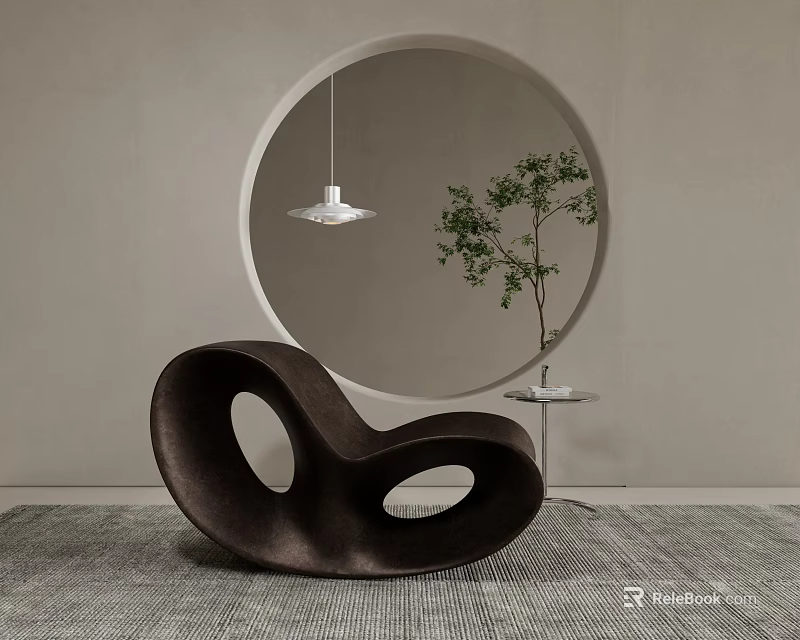 Modern Brown Accent Chair With Curved Design Circular Cutouts And Round Mirror In Minimalist Interior 3d model 