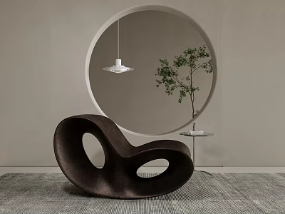 Modern Brown Accent Chair With Curved Design Circular Cutouts And Round Mirror In Minimalist Interior 3d model