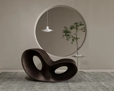 Modern Brown Accent Chair With Curved Design Circular Cutouts And Round Mirror In Minimalist Interior 3d model