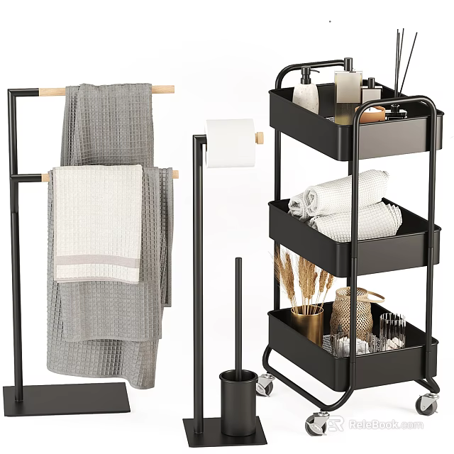 Stylish Bathroom Accessories With Black Trolley Towel Rack Towels And Toiletries 3d model 