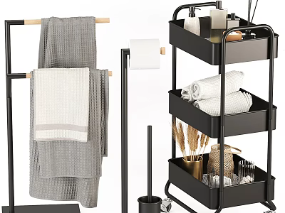 Stylish Bathroom Accessories With Black Trolley Towel Rack Towels And Toiletries 3d model