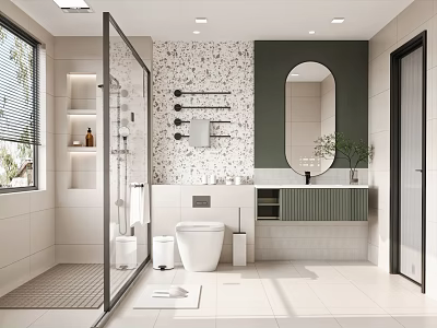 Modern Bathroom Interior With Glass Shower Enclosure Speckled Wall Round Mirror Vanity And Potted Plant 3d model
