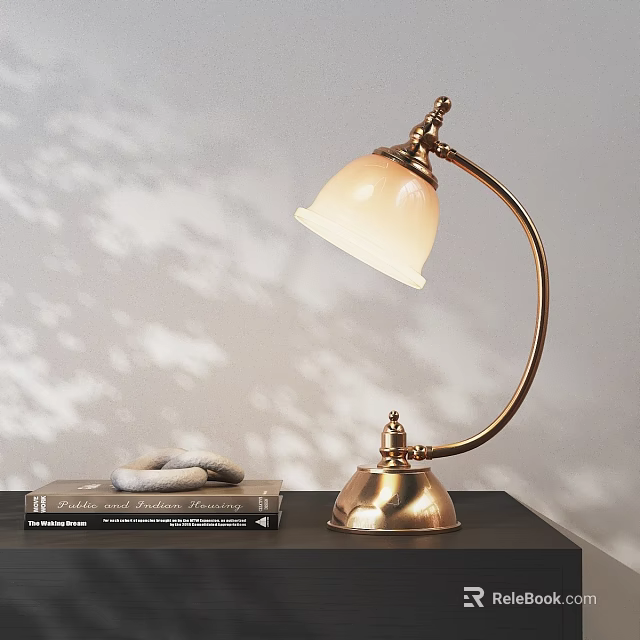 Golden Curved Arm Table Lamp Featuring White Shade On Black Table With Books 3d model 