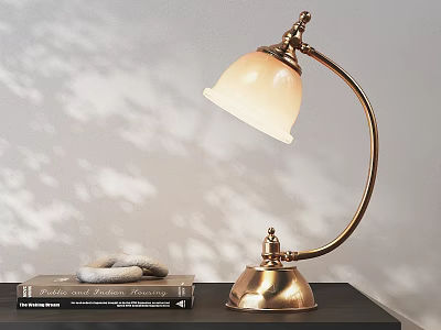 Golden Curved Arm Table Lamp Featuring White Shade On Black Table With Books 3d model