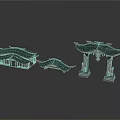 Traditional Chinese Architectural Structures With Green Roofs Overhanging Eaves And White Pillars