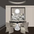 Elegant Modern Restaurant Interior With Round Marble Table Beige Chairs And Spherical Pendant Light 3d model