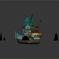 Cartoon Scene Of Floating Boat House On Water With Palm Tree Green Roof Wooden Wheels